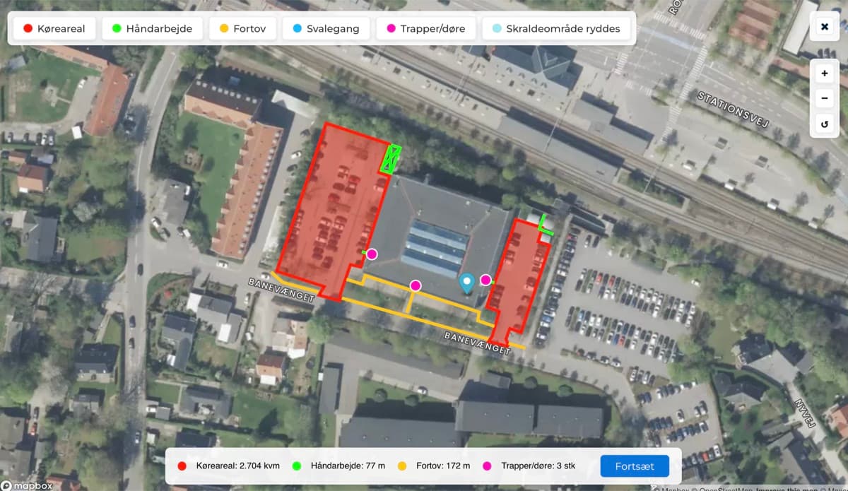 Tegneværktøj med servicezoner markeret på et satellitkort
