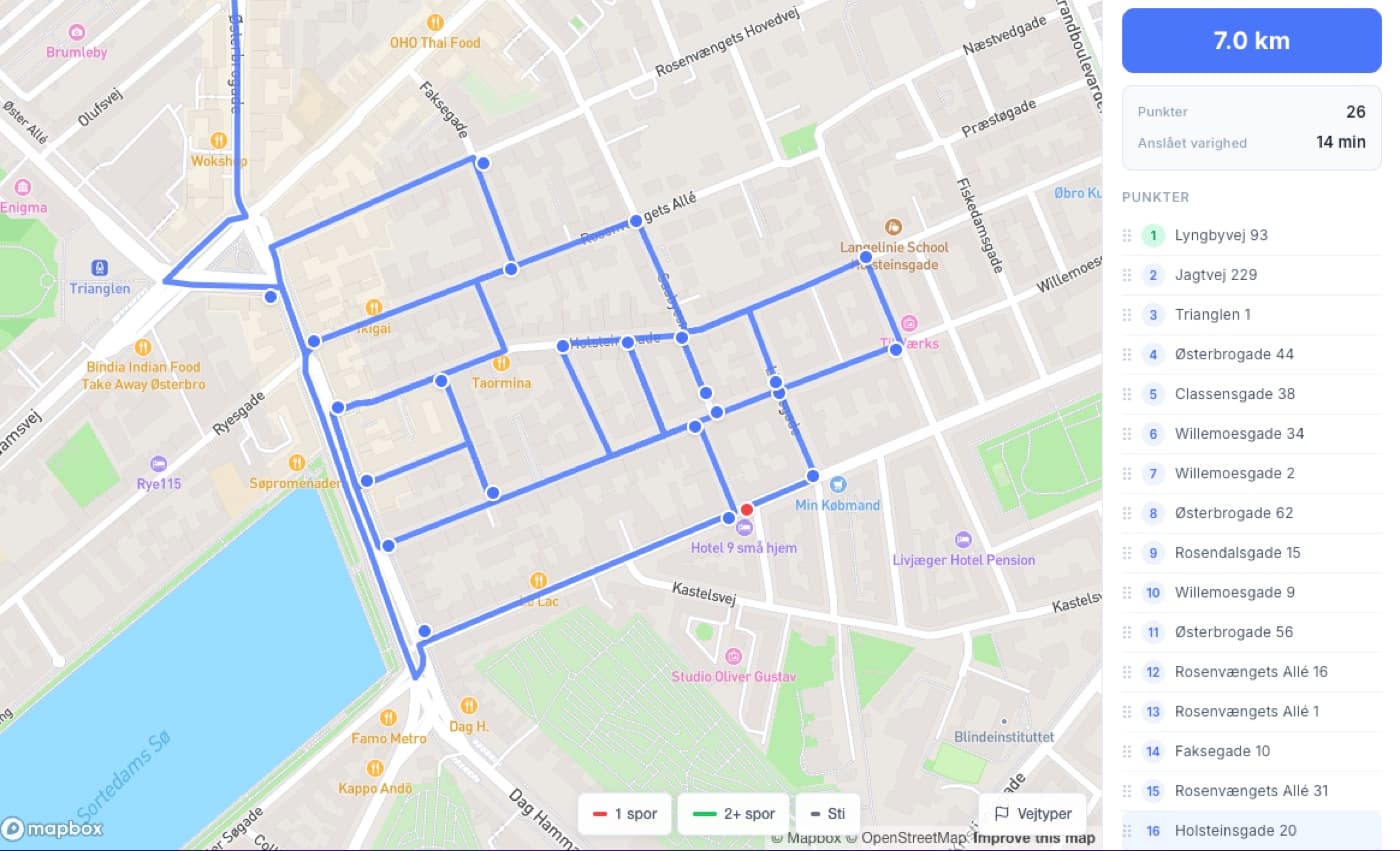 Optimeret snerydningsrute gennem København Østerbro med 26 stop over 7 km